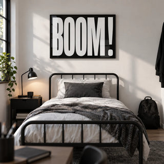 Modern Typography Wall Art, framed on the wall of a bold single bedroom for a teenage boy (13-17) with a white wall