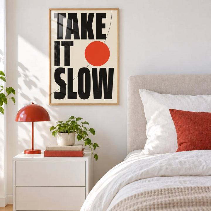 Modern Typography Wall Art, framed on the wall of a calm modern bedroom