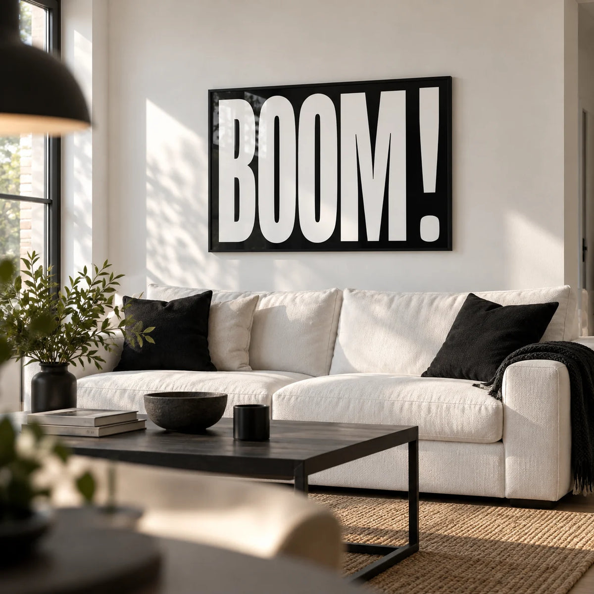 Modern Typography Wall Art, framed on the wall of a first-flat living room (22-28) with a white wall
