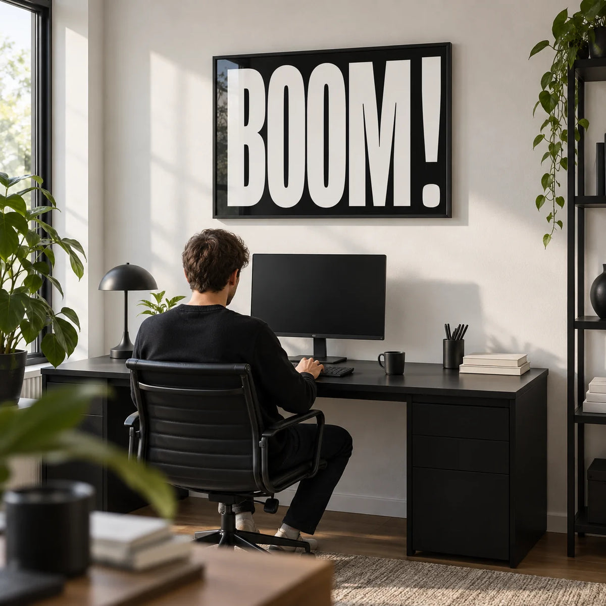 Modern Typography Wall Art, framed on the wall of a modern home office with a white wall