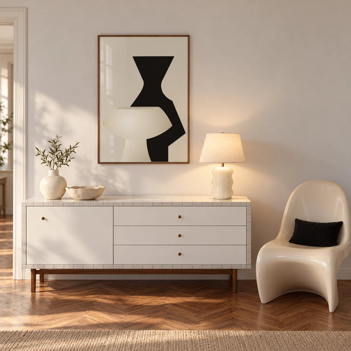 Modern Wall Art, framed on the wall of a bright hallway with a white sideboard and a cream chair