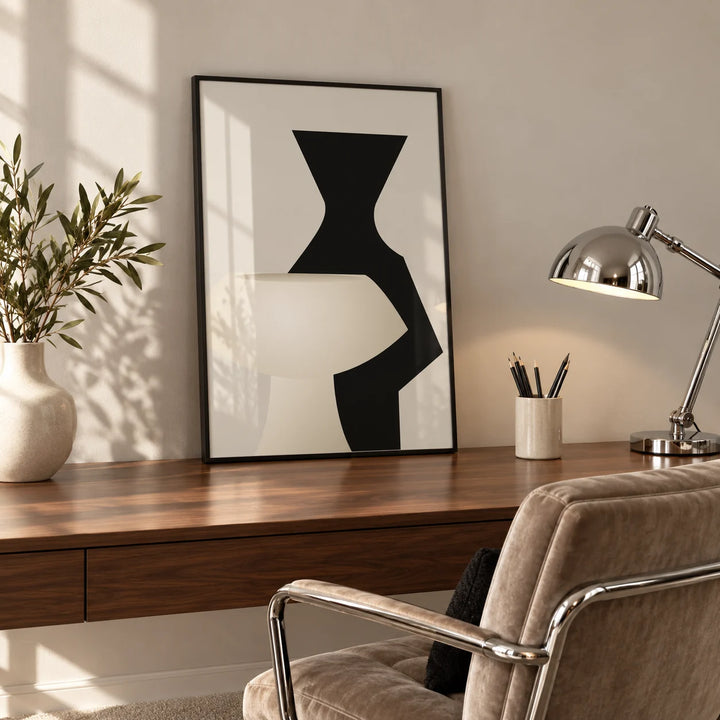 Modern Wall Art, framed on the wall of a home office with a walnut desk and a chrome lamp