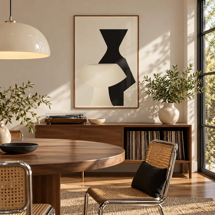 Modern Wall Art, framed on the wall of a mid-century dining room with a walnut sideboard and cane chairs