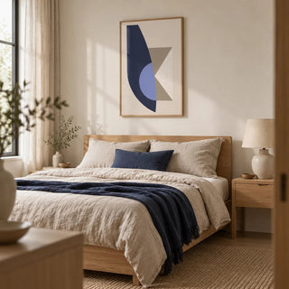 Modern Wall Art Print, framed on the wall of a calm modern bedroom