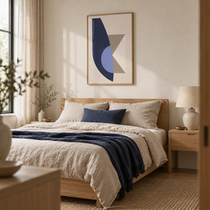 Modern Wall Art Print, framed on the wall of a calm modern bedroom