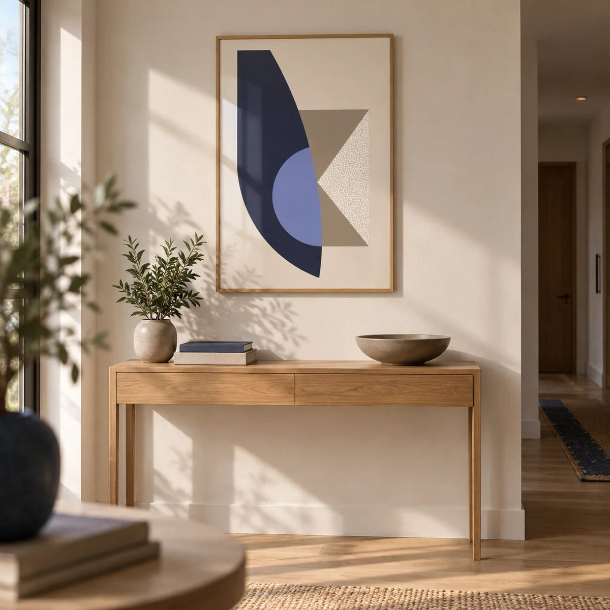 Modern Wall Art Print, framed on the wall of a modern hallway