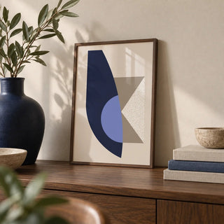Modern Wall Art Print, a small A4 framed print leaning on a walnut shelf in a living room