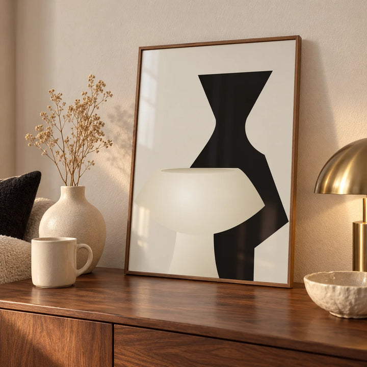 Modern Wall Art, a small A4 framed print leaning on a walnut sideboard in a living room