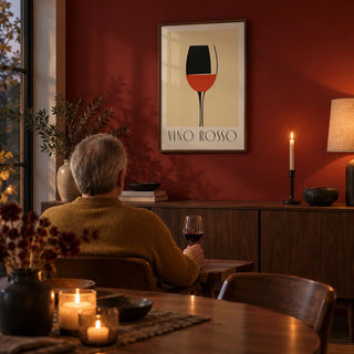 Modern Wine Wall Art, framed on the wall of a intimate dining room in the evening with a deep red painted wall
