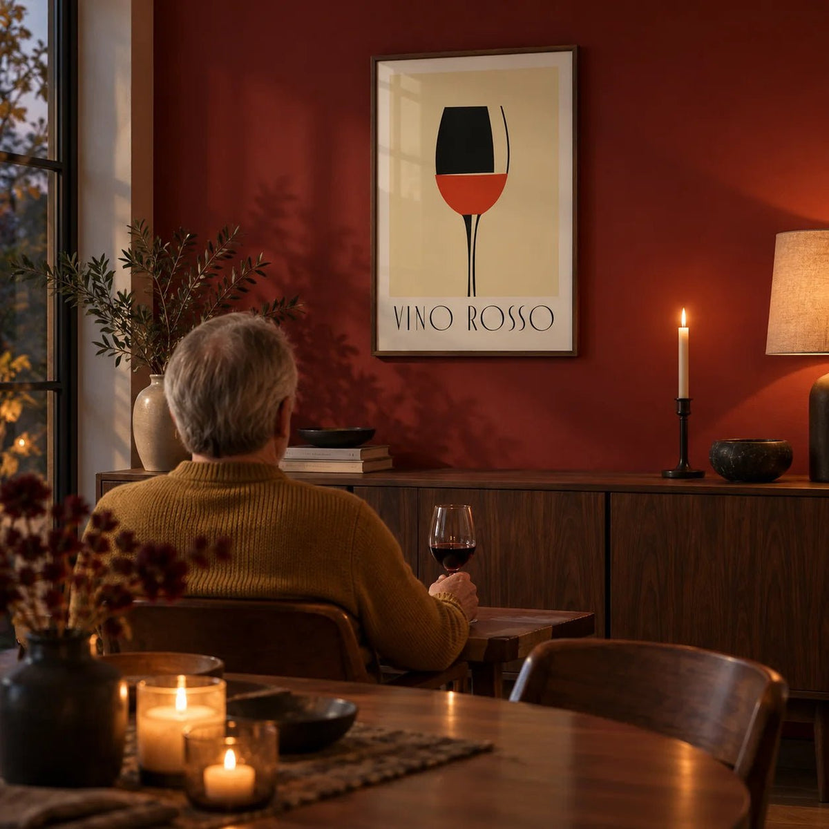 Modern Wine Wall Art, framed on the wall of a intimate dining room in the evening with a deep red painted wall