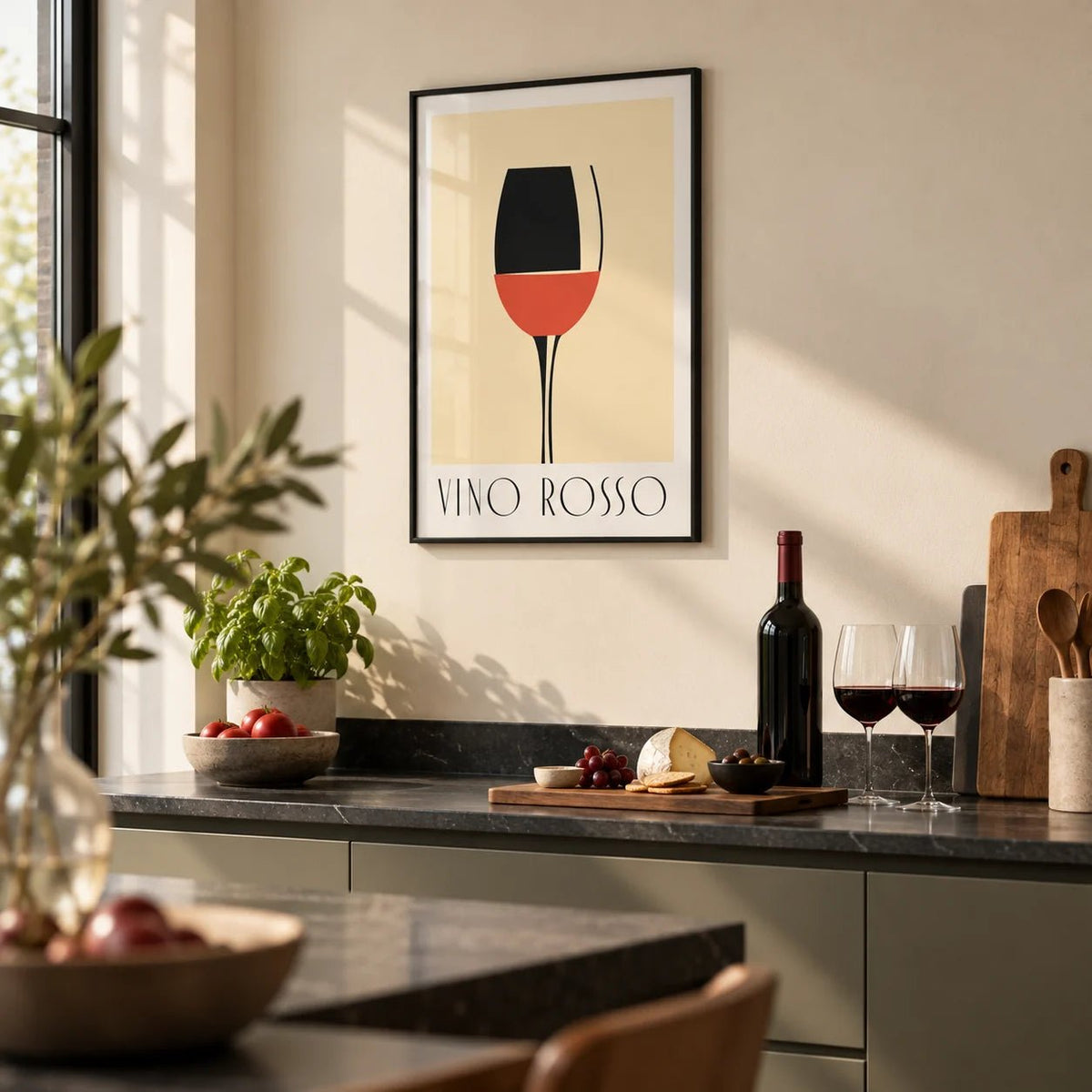 Modern Wine Wall Art, framed on the wall of a modern kitchen with a cream wall and a dark stone worktop