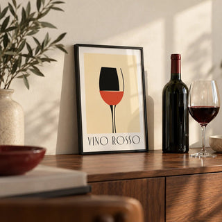 Modern Wine Wall Art, a small A4 framed print leaning on a walnut sideboard in a living room