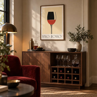 Modern Wine Wall Art, framed on the wall of a small home bar corner in a living room