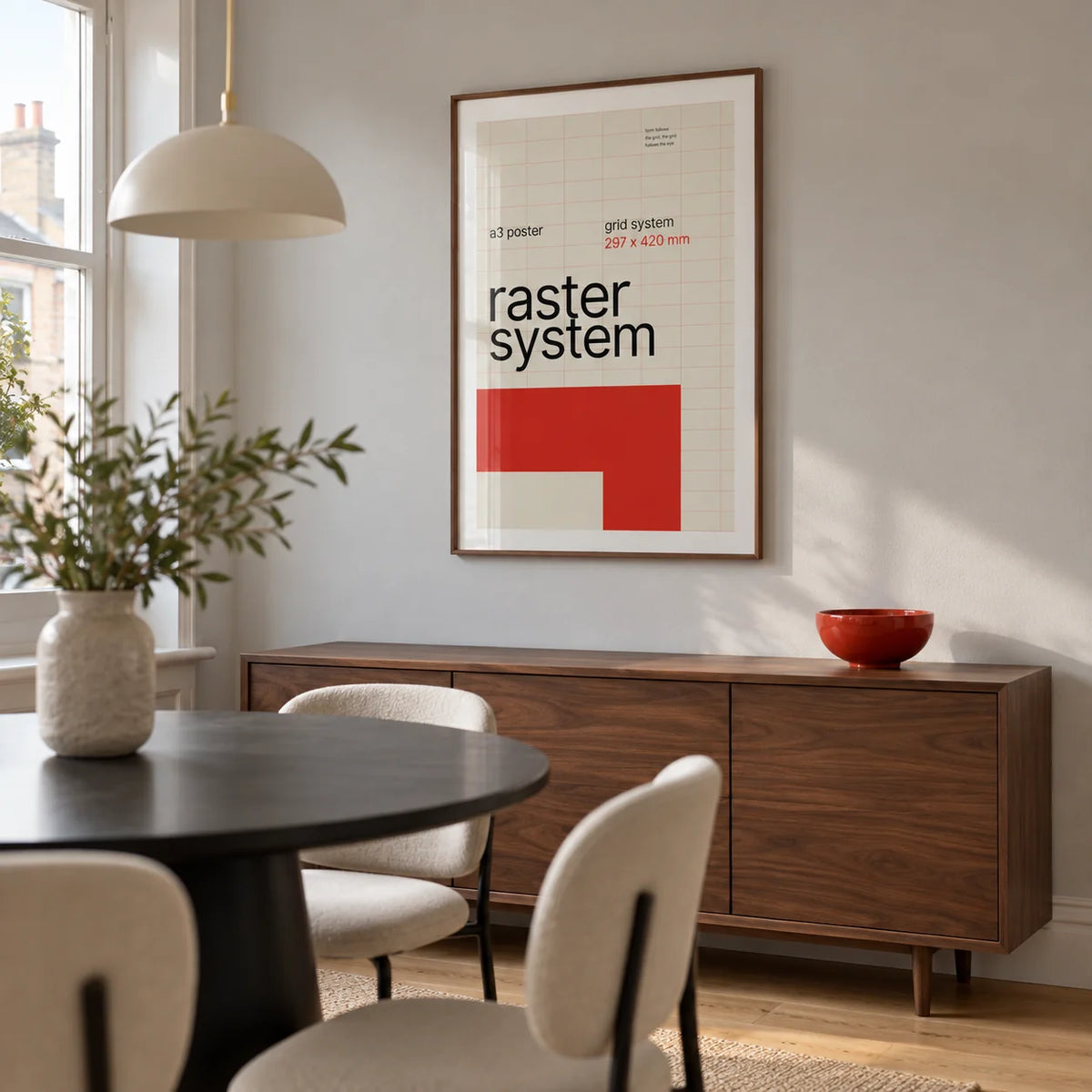 Modernist Wall Art, framed on the wall of a compact modern dining room in a UK terraced home with a pale grey wall and oak floor