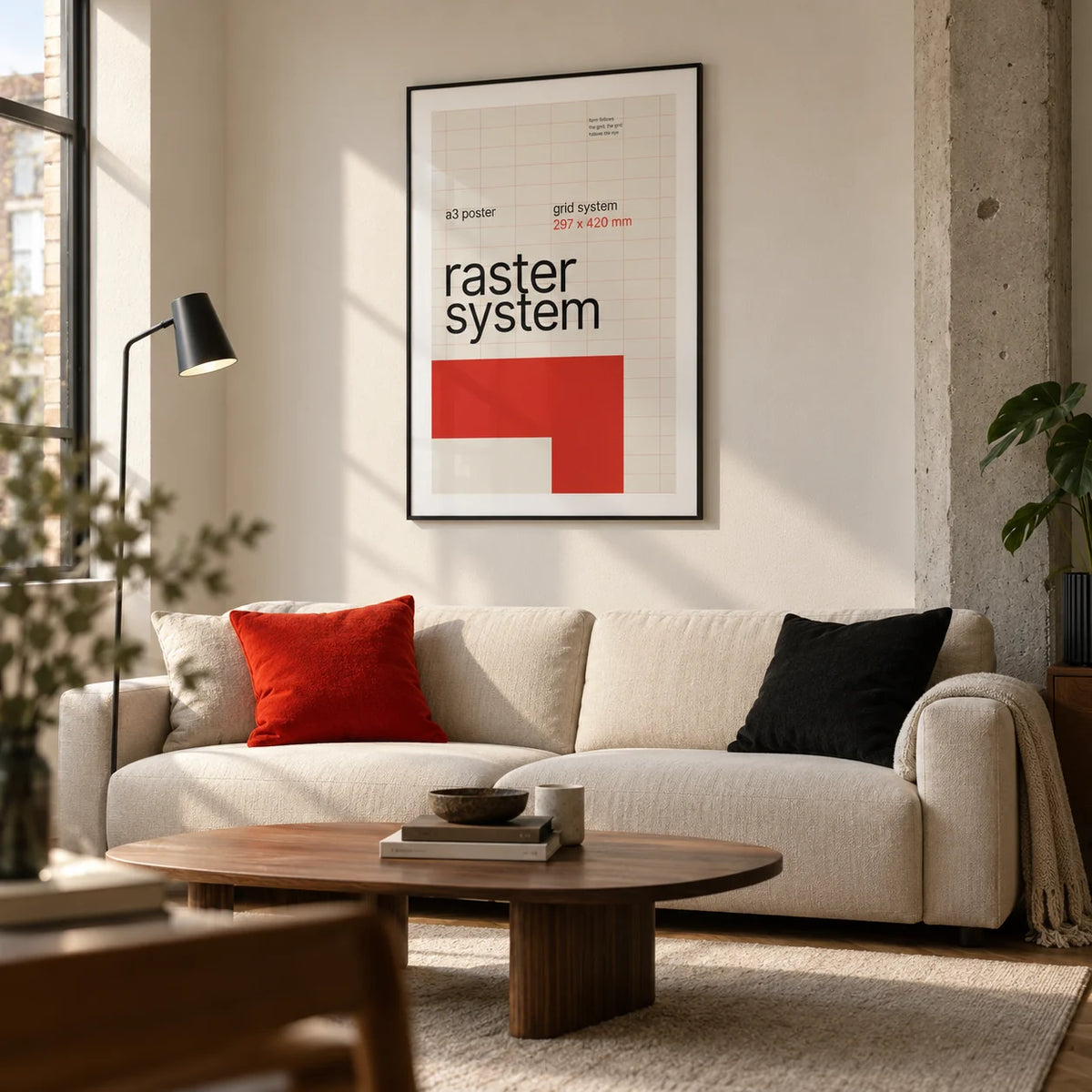 Modernist Wall Art, framed on the wall of a modern living room in a converted UK flat with a warm white wall and exposed concrete column