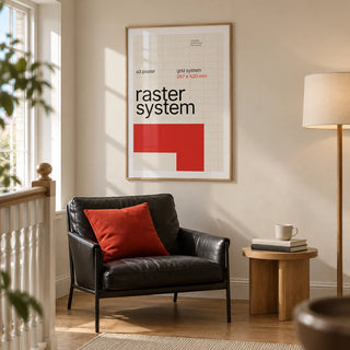 Modernist Wall Art, framed on the wall of a modern reading corner on a spacious landing in a UK townhouse with a warm cream wall and oak floor in a living room