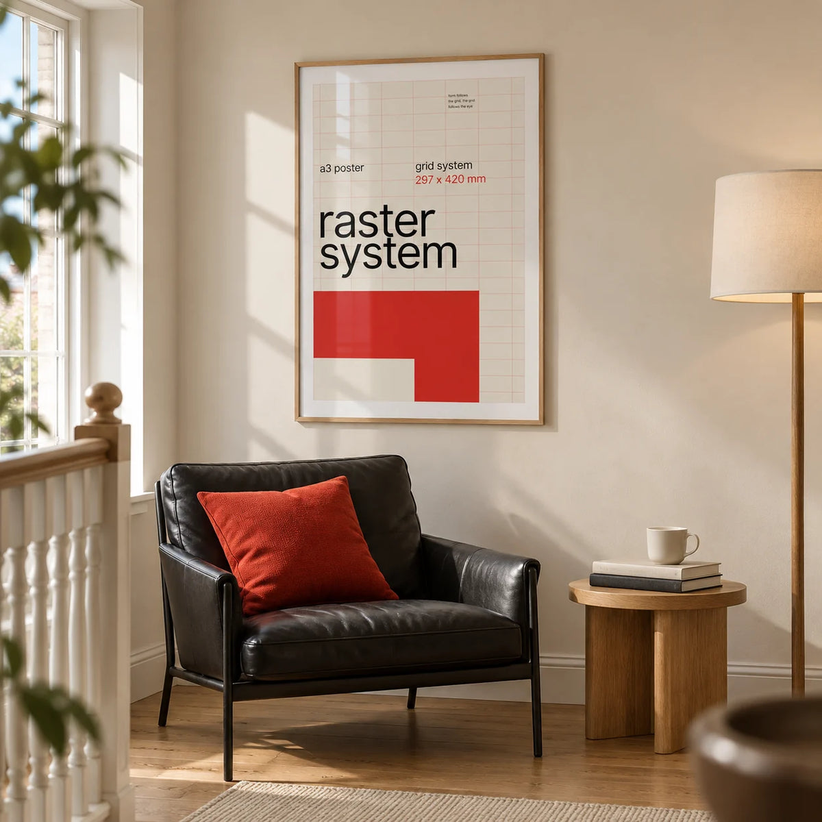 Modernist Wall Art, framed on the wall of a modern reading corner on a spacious landing in a UK townhouse with a warm cream wall and oak floor in a living room