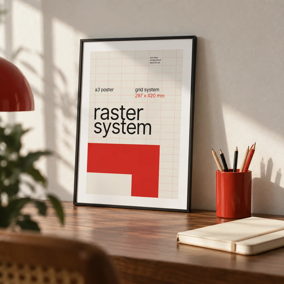 Modernist Wall Art, a small A4 framed print leaning on a walnut desk