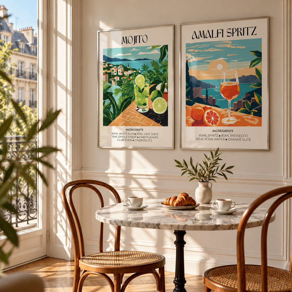 Mojito and Spritz Prints Set of 2 styled above a marble bistro table in a sunny Parisian kitchen: Mojito and Amalfi Spritz shown framed side by side (frames not included)