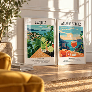 Mojito and Spritz Prints Set of 2 styled against a white panelled wall behind a mustard velvet armchair: Mojito and Amalfi Spritz shown framed side by side (frames not included)