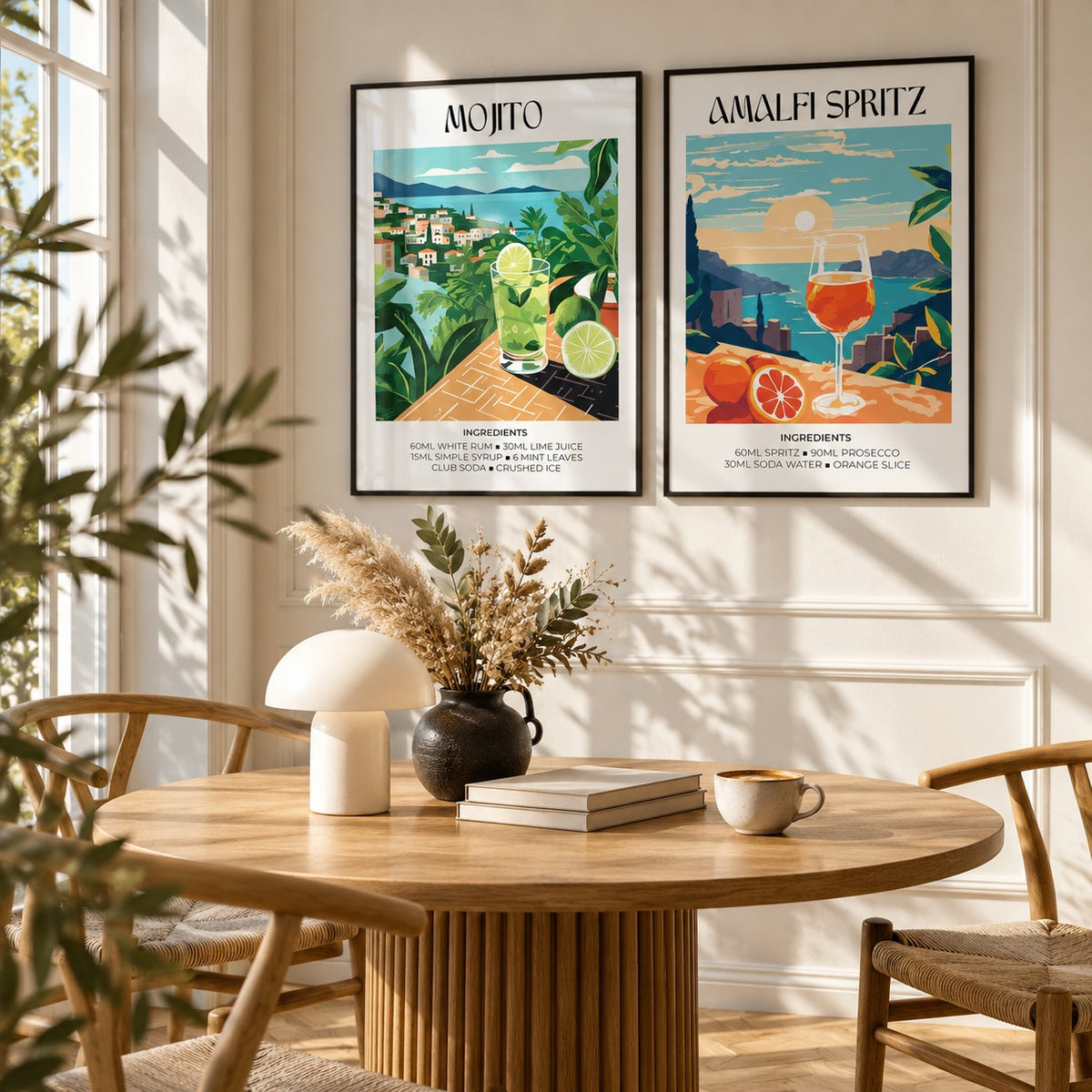 Mojito and Spritz Prints Set of 2 styled above a round fluted oak dining table with a mushroom lamp: Mojito and Amalfi Spritz shown framed side by side (frames not included)