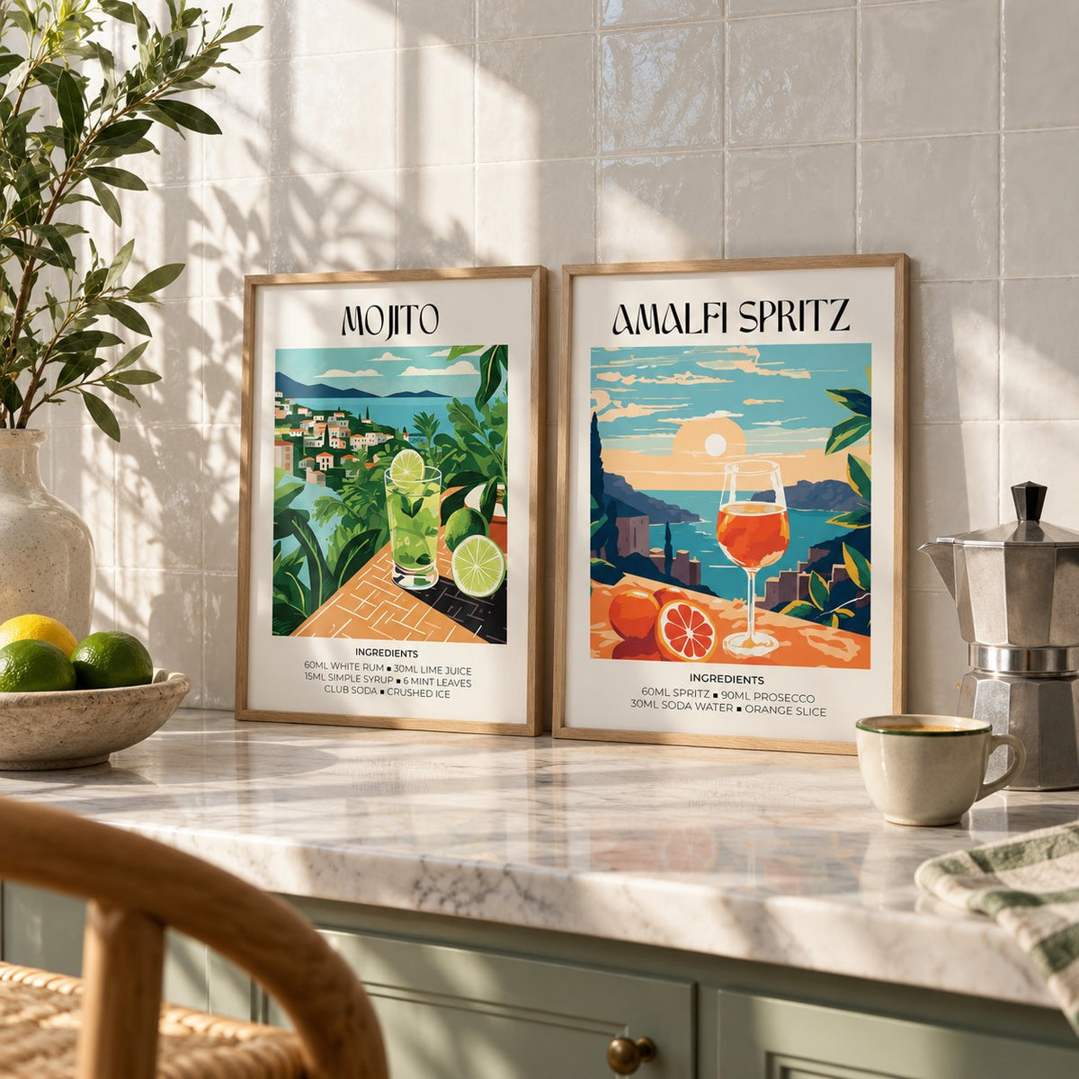 Mojito and Spritz Prints Set of 2 styled as small A4 prints on a shelf, to show the gift size: Mojito and Amalfi Spritz shown framed side by side (frames not included)