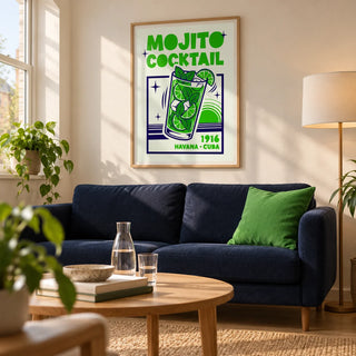 Mojito Cocktail Print, framed on the wall of a contemporary living room in a young couple's UK first home with a warm white wall and pale oak floor
