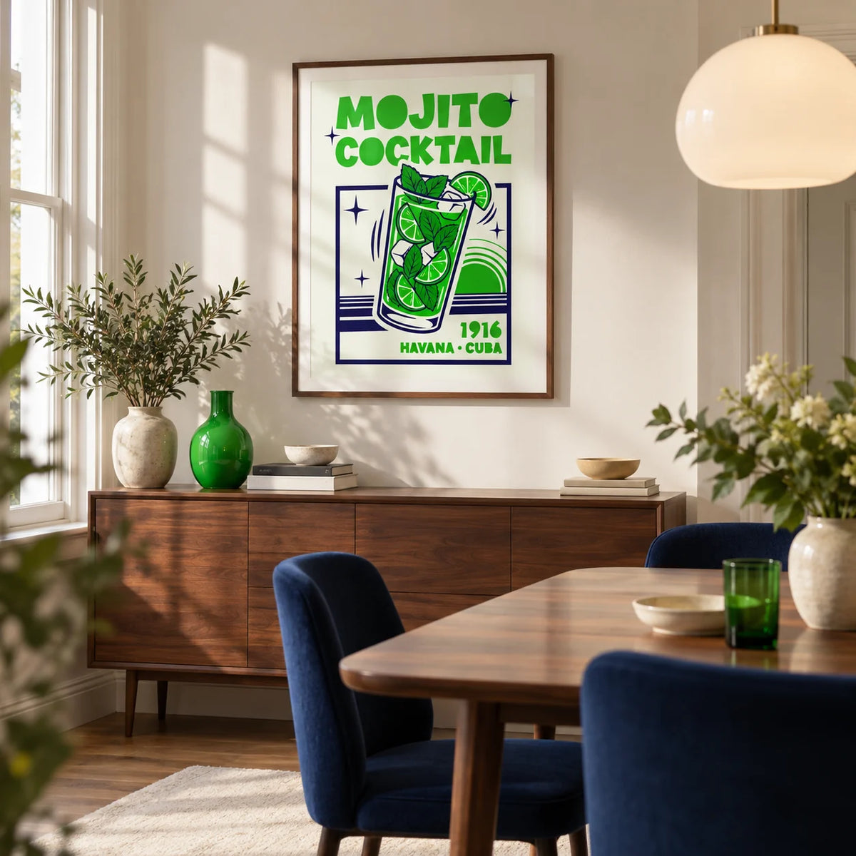 Mojito Cocktail Print, framed on the wall of a crisp dining room in a renovated UK terrace with warm white plaster walls and a walnut dining table