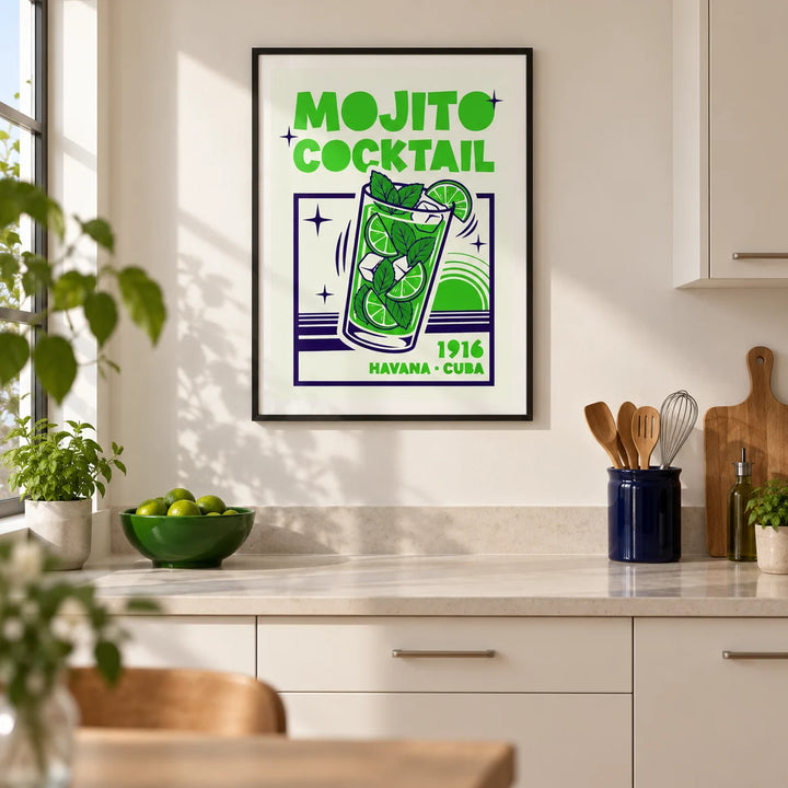 Mojito Cocktail Print, framed on the wall of a modern kitchen in a UK city flat with flat-front warm white cabinets