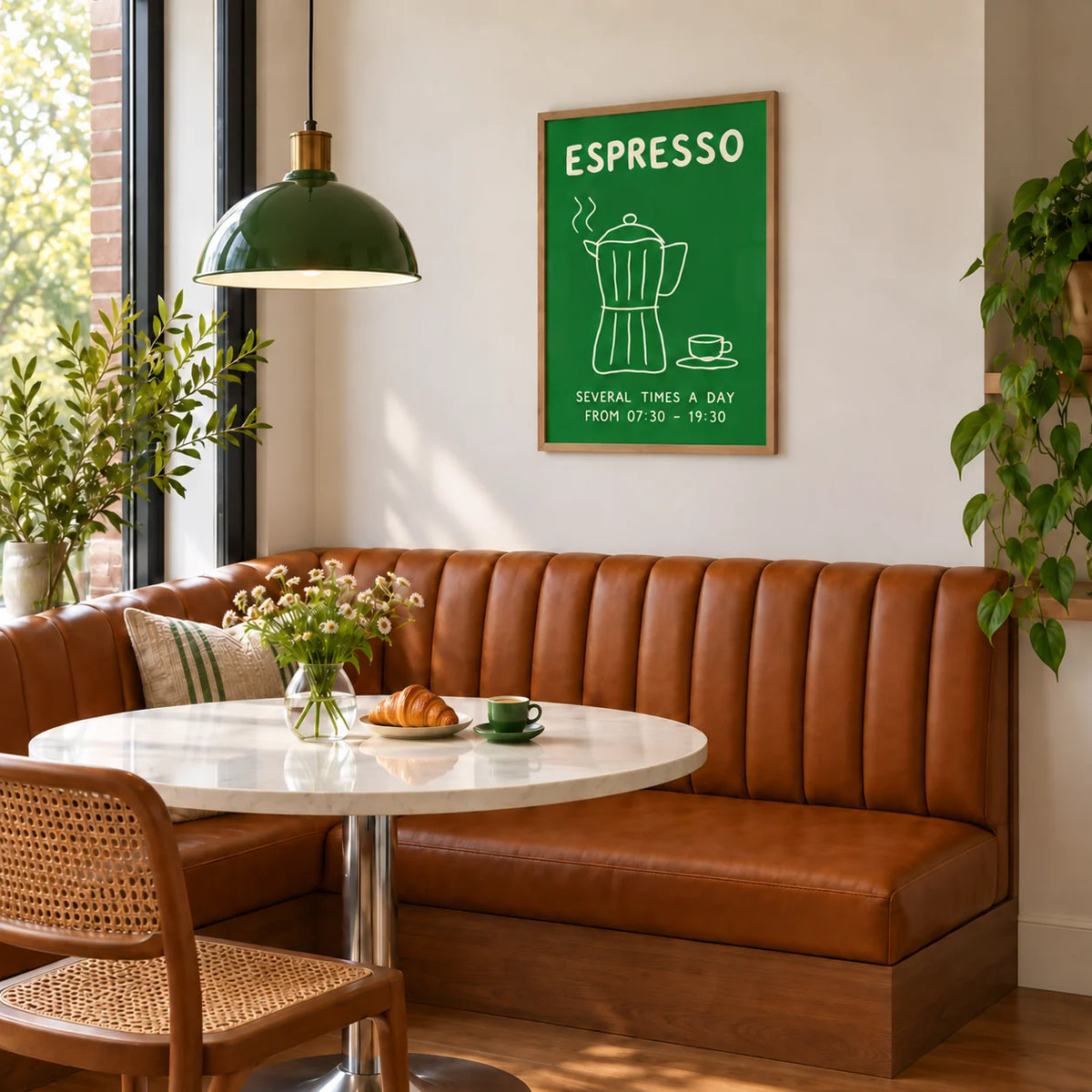 Moka Pot Print, framed on the wall above a tan leather breakfast booth