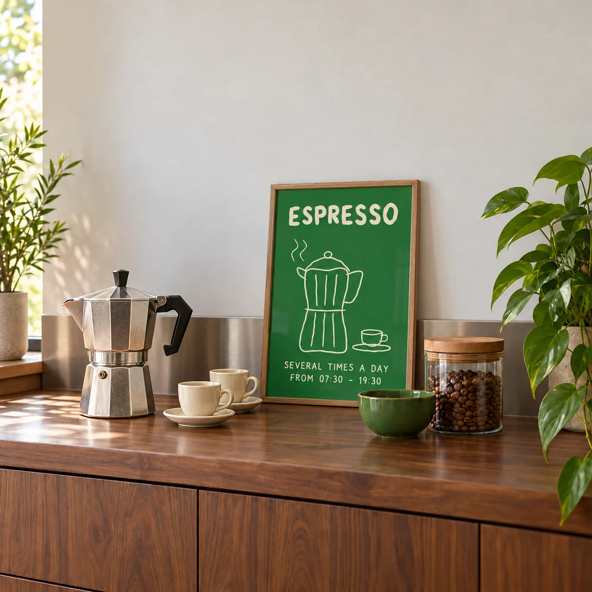 Moka Pot Print, framed and leaning on a walnut home coffee bar with a moka pot