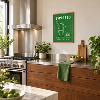 Moka Pot Print, framed on the wall of a modern kitchen with a stainless steel hood