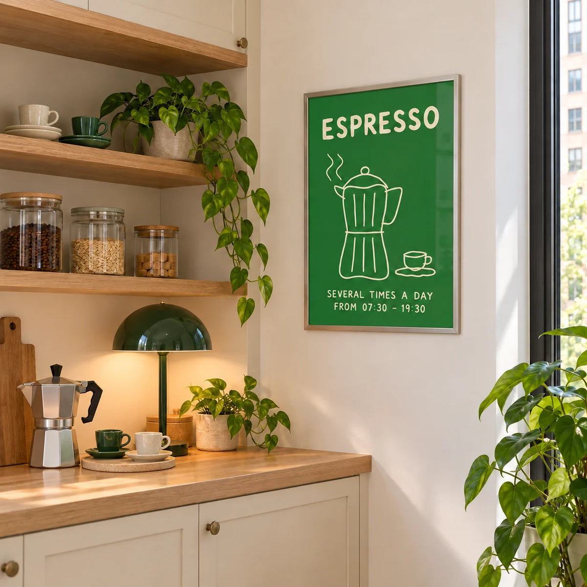 Moka Pot Print, framed on the wall of a pantry coffee station with open shelves