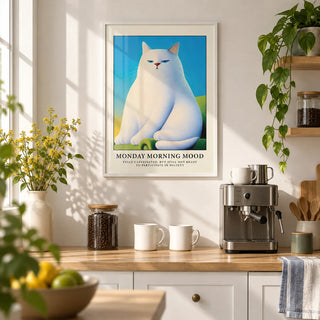 Monday Mood Cat Poster, framed on the wall of a bright kitchen coffee corner with a white wall and an oak worktop