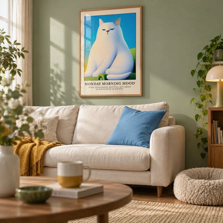 Monday Mood Cat Poster, framed on the wall of a calm living room with a soft green wall