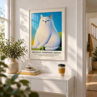 Monday Mood Cat Poster, framed on the wall of a fresh hallway with a white wall