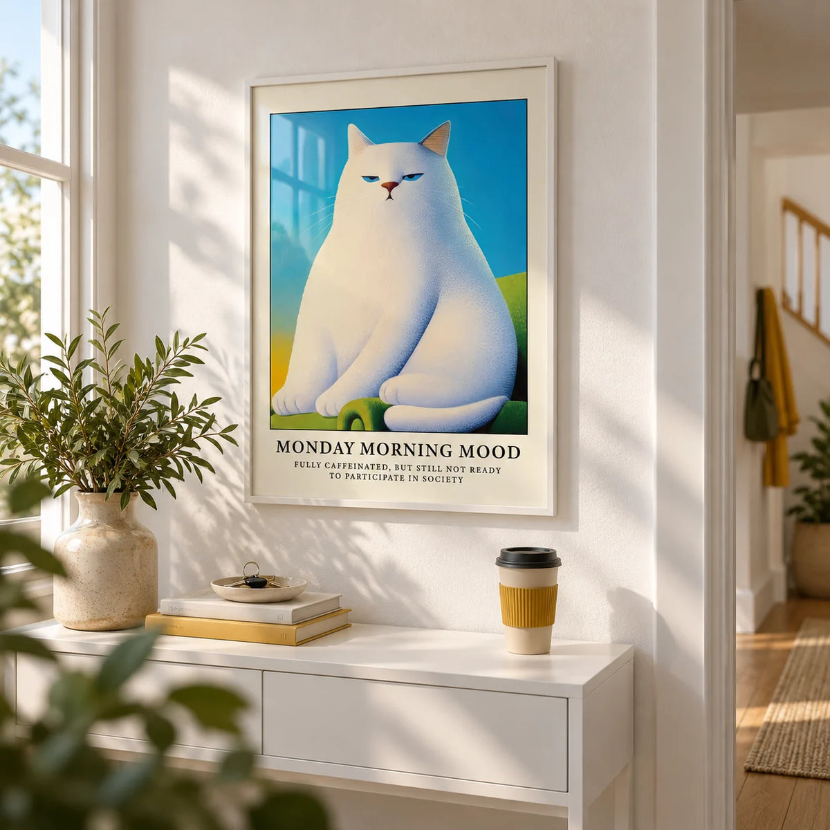 Monday Mood Cat Poster, framed on the wall of a fresh hallway with a white wall