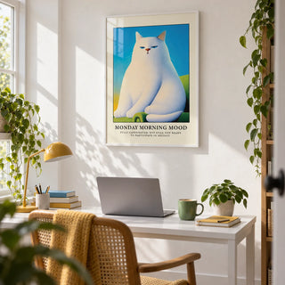 Monday Mood Cat Poster, framed on the wall of a home office with a white wall