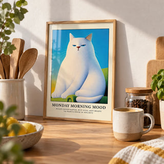 Monday Mood Cat Poster, a small A4 framed print leaning on an oak kitchen worktop