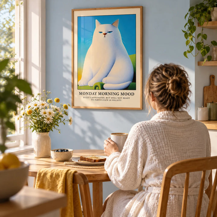 Monday Mood Cat Poster, framed on the wall of a sunny breakfast nook with a pale blue wall in a kitchen