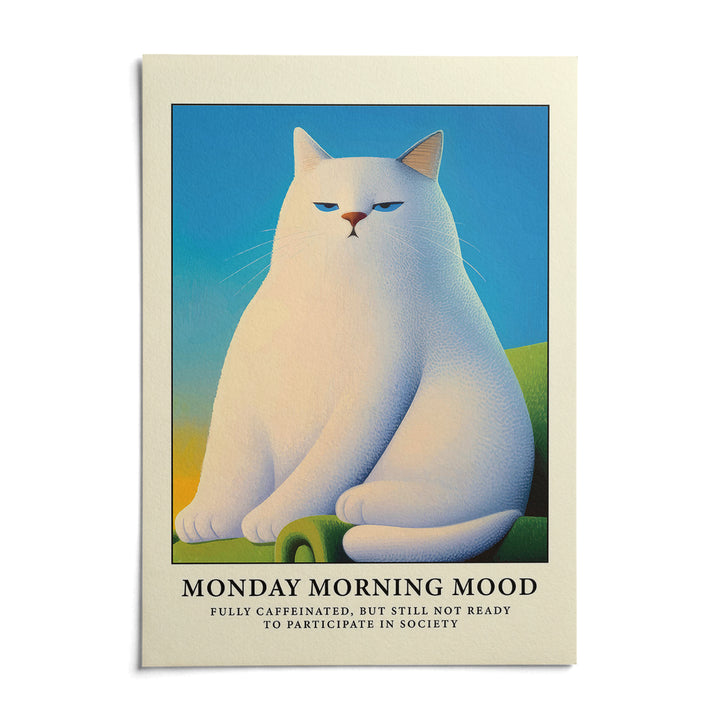 Monday Mood Cat Poster, shown as an unframed paper print on a plain white background