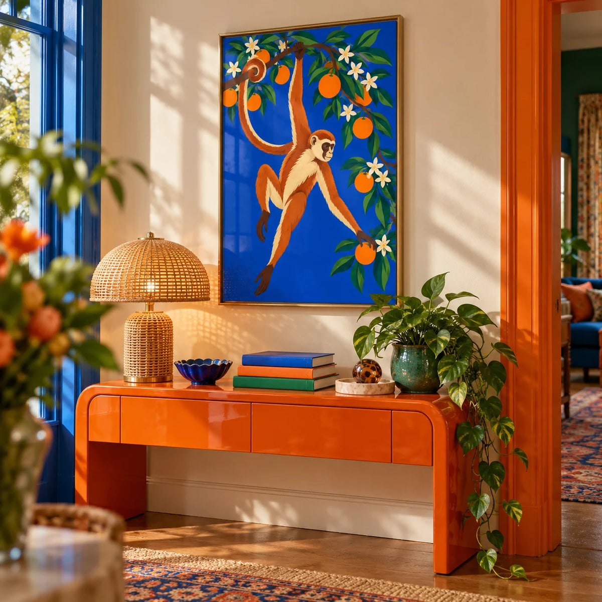 Monkey Wall Art, framed on the wall of a colourful hallway
