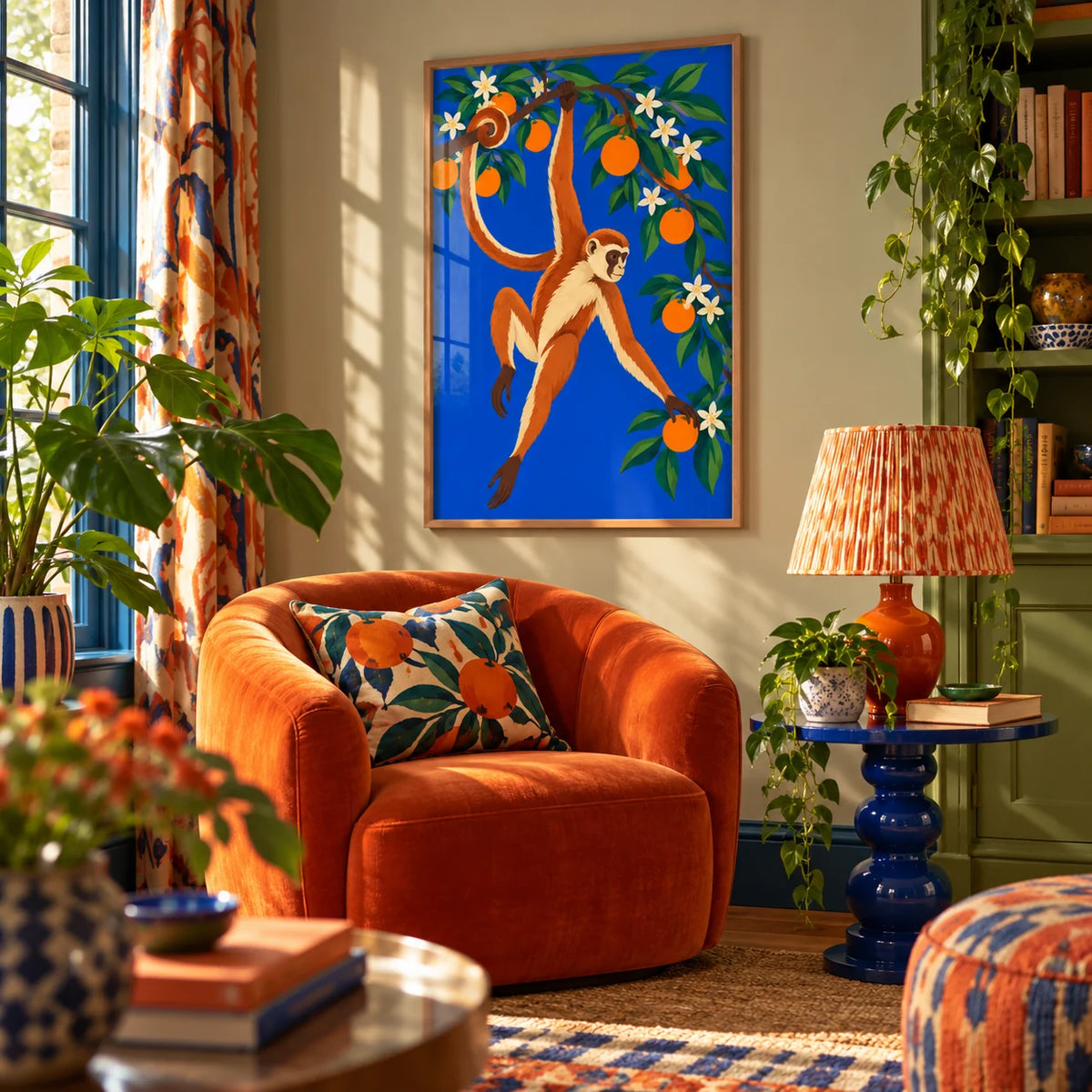 Monkey Wall Art, framed on the wall of a cosy maximalist reading nook in a living room