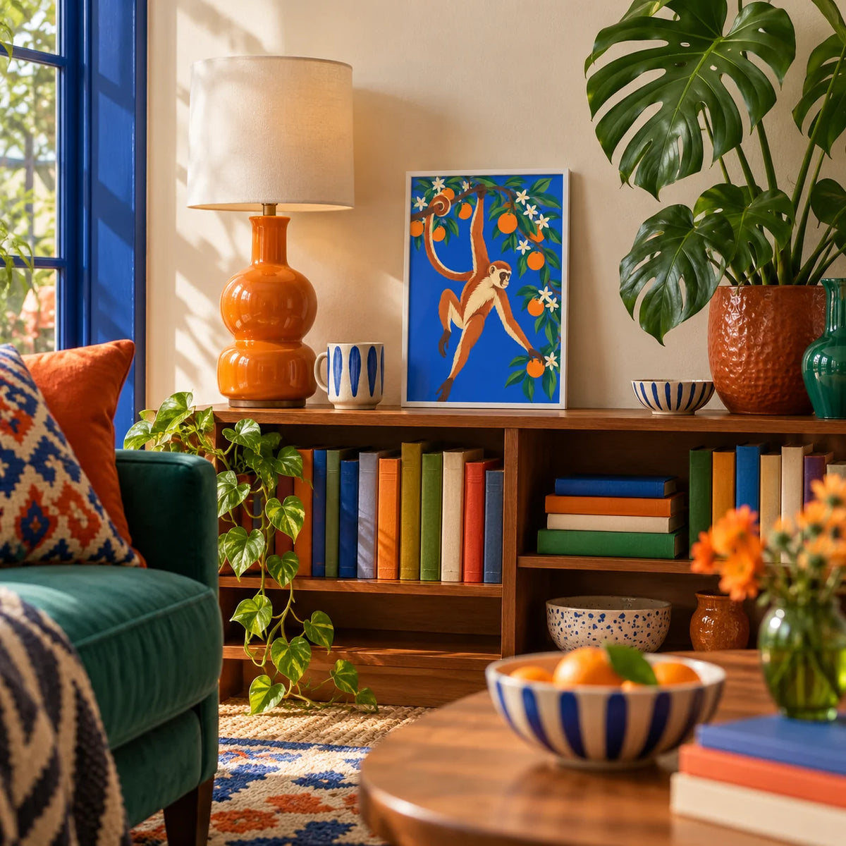 Monkey Wall Art, a small A4 framed print leaning on a low bookshelf in a living room