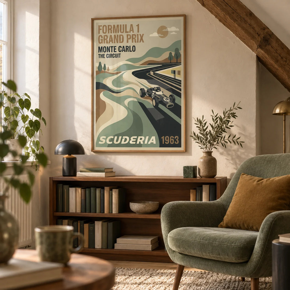 Monte Carlo Racing Poster, framed on the wall of a characterful loft reading corner in a UK maisonette with a sloping ceiling in a living room