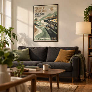 Monte Carlo Racing Poster, framed on the wall of a compact living room in a young adult's first UK flat (22-28)