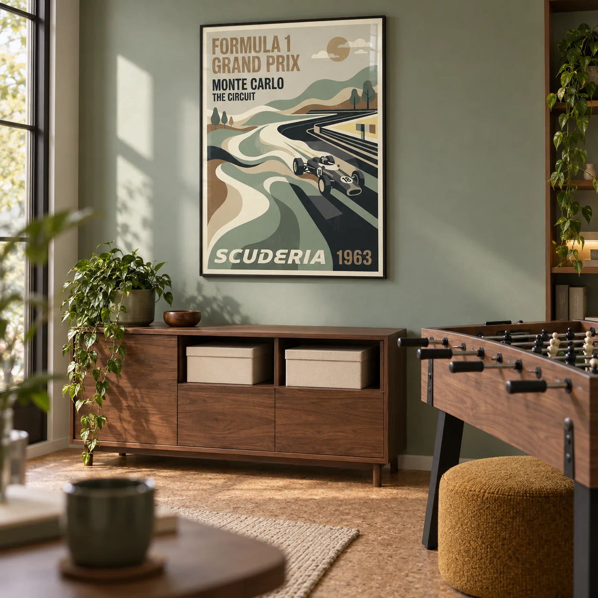 Monte Carlo Racing Poster, framed on the wall of a grown-up games room in a UK family home with a muted sage green wall and cork flooring