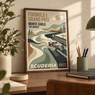 Monte Carlo Racing Poster, a small A4 framed print leaning on a walnut desk
