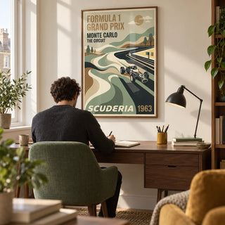 Monte Carlo Racing Poster, framed on the wall of a warm modern home study in a UK flat with cream walls and walnut furniture