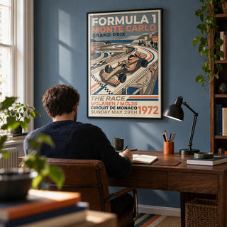 Monte Carlo Retro Racing Poster, framed on the wall of a characterful home study in a UK terraced house with a muted blue wall and a walnut desk
